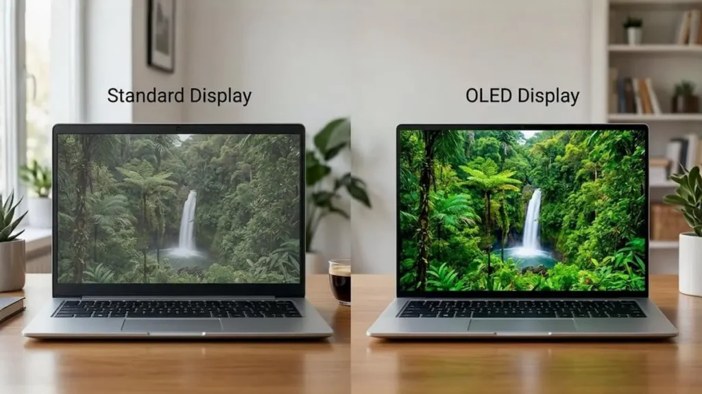 الدليل الذكي لـ شراء لابتوب في 2026: كيف تختار جهازك المثالي؟ صورة مقارنة بين شاشة OLED ساطعة وشاشة عادية باهتة على لابتوب في مكتب - تكنولر