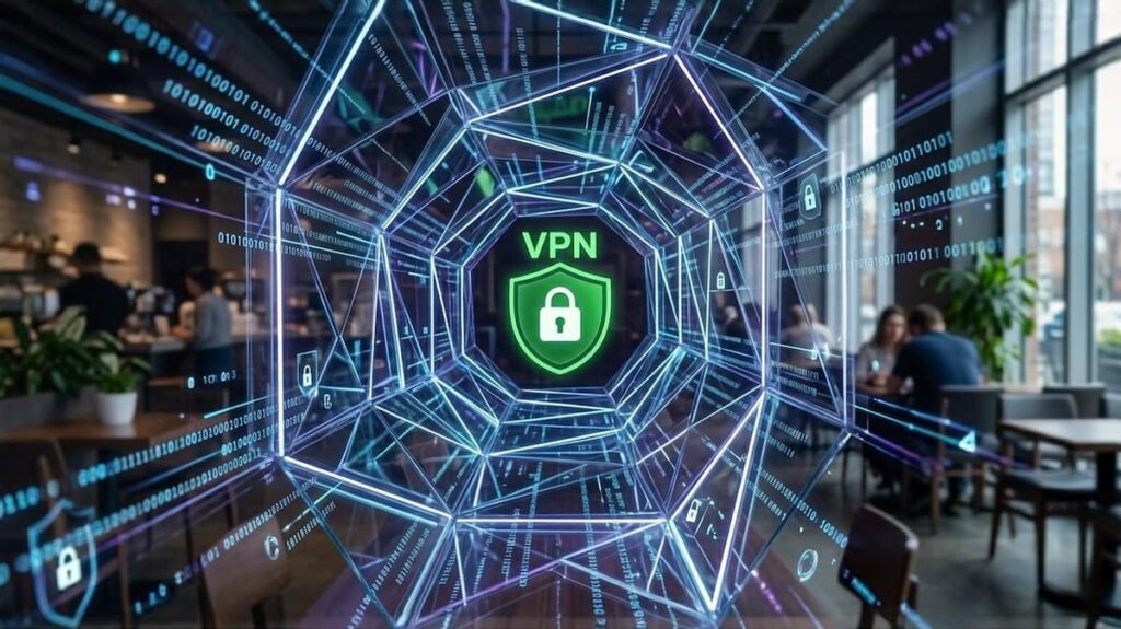 الدليل الشامل لـ تأمين حساباتك الرقمية في 2026: كيف تحمي نفسك من الاختراق؟ نفق رقمي مشفر يمثل الخصوصية والحماية الكاملة عبر شبكة عامة بفضل خدمة VPN - تكنولر