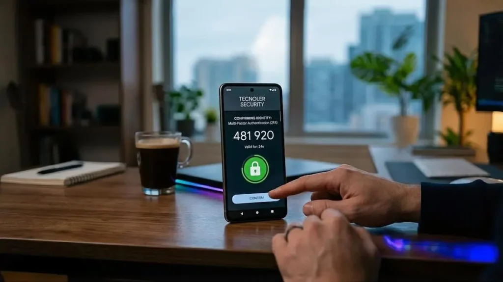الدليل الشامل لـ تأمين حساباتك الرقمية في 2026: كيف تحمي نفسك من الاختراق؟ شخص يستخدم المصادقة الثنائية (2FA) لـ تأمين حساباتك الرقمية عبر هاتف ذكي في مكتب تقني